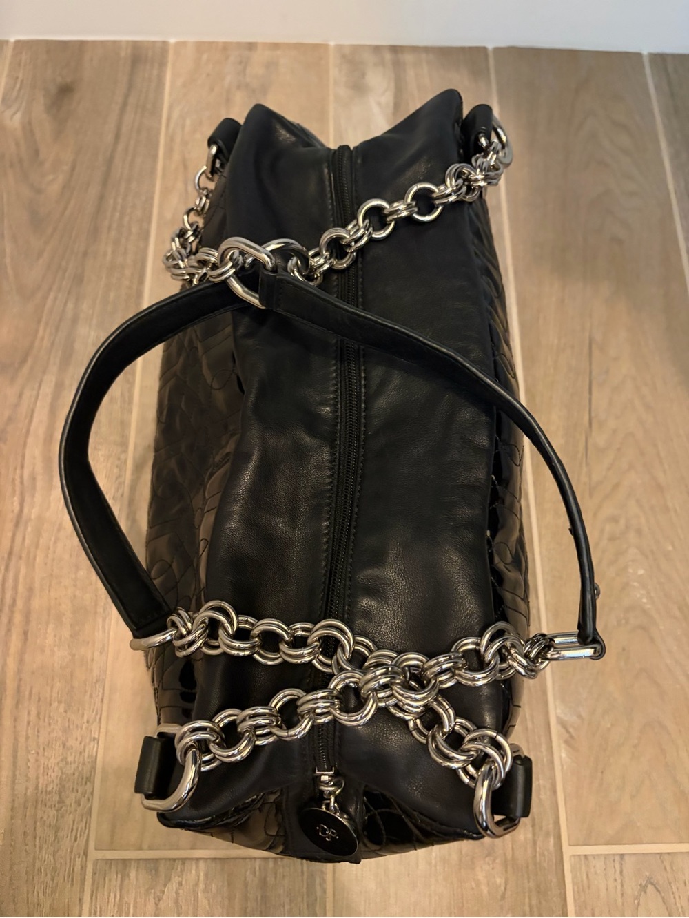 Donald J. Pliner Black Patent Quilted Shoulder Bag with Chain Accent
